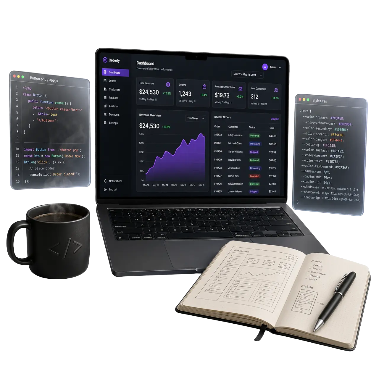 Laptop with analytics dashboard, code editor panels and a developer's desk