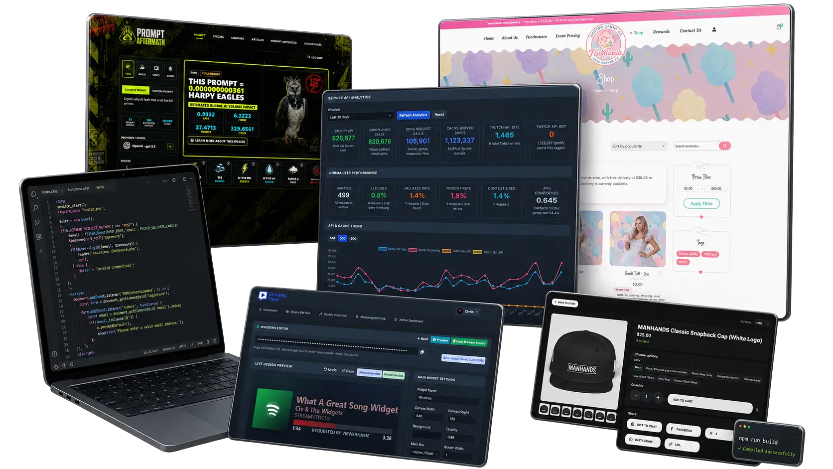 Floating cluster of dashboard, code editor and storefront screens