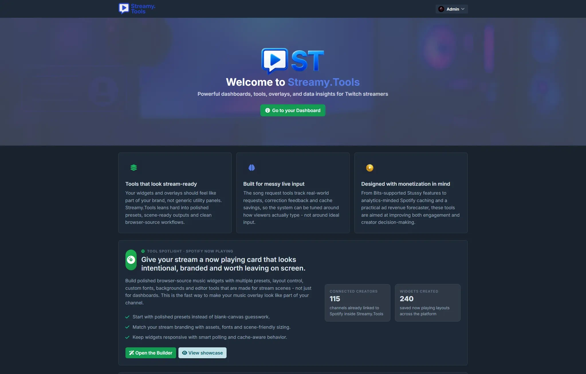 Main landing page and product spotlights